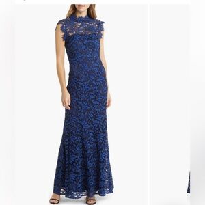 ELIZA J MOCK NECK OPEN BACK MERMAID GOWN BLUE BLACK